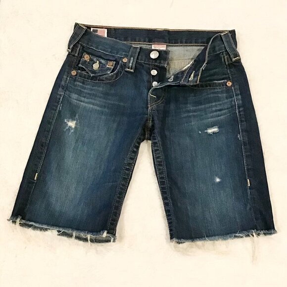 True Religion 24 (0) Riley Women’s Denim Bermuda Jeans Shorts Cutoffs Low Rise - Picture 2 of 10
